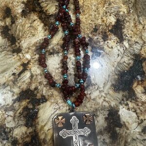 Handcrafted Garnet and Turquoise Cross Necklace